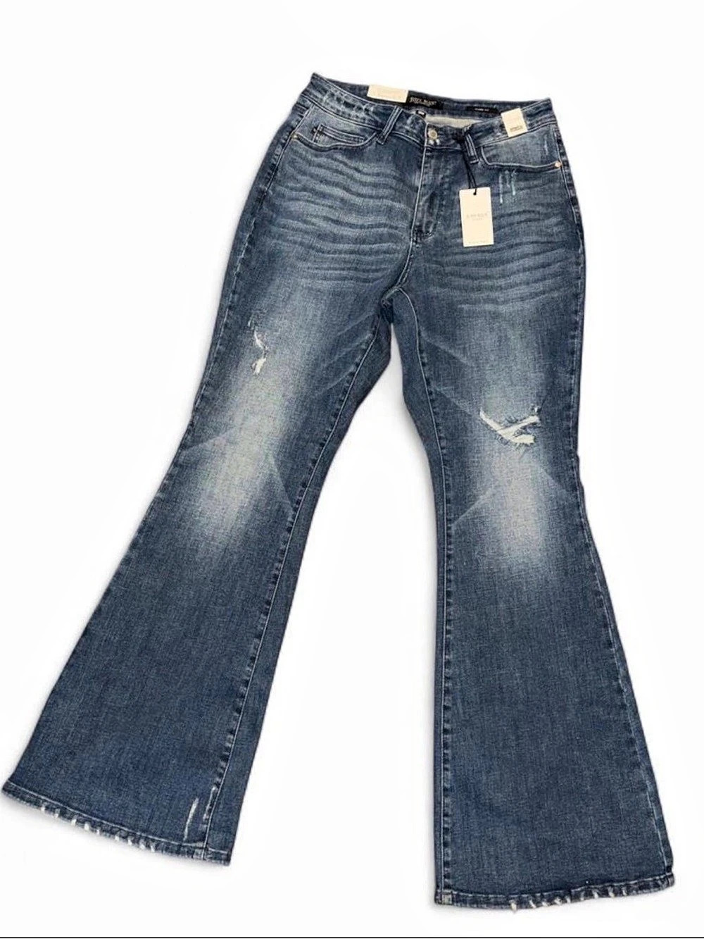 Judy Blue High Waist Contrast Wash Destroy Flare Denim Jeans Blue 14W